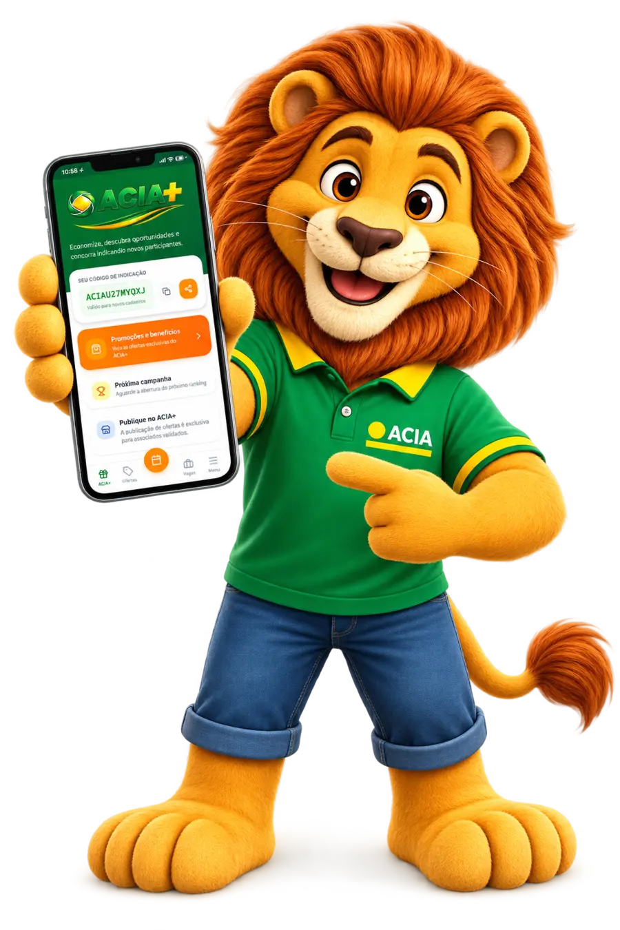Leo, mascote da ACIA, mostrando o aplicativo da associação