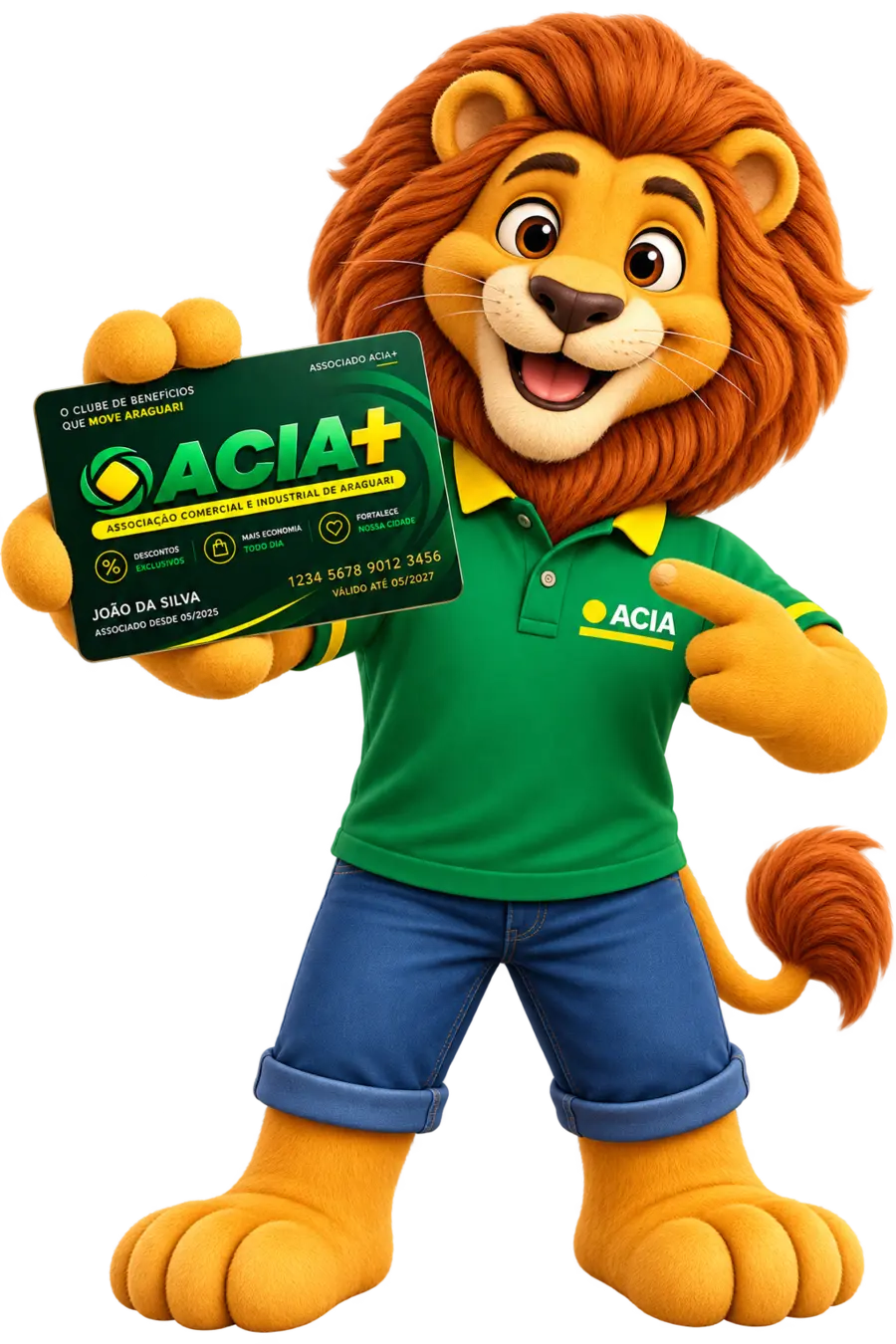 Leo, mascote da ACIA, segurando o cartão ACIA+
